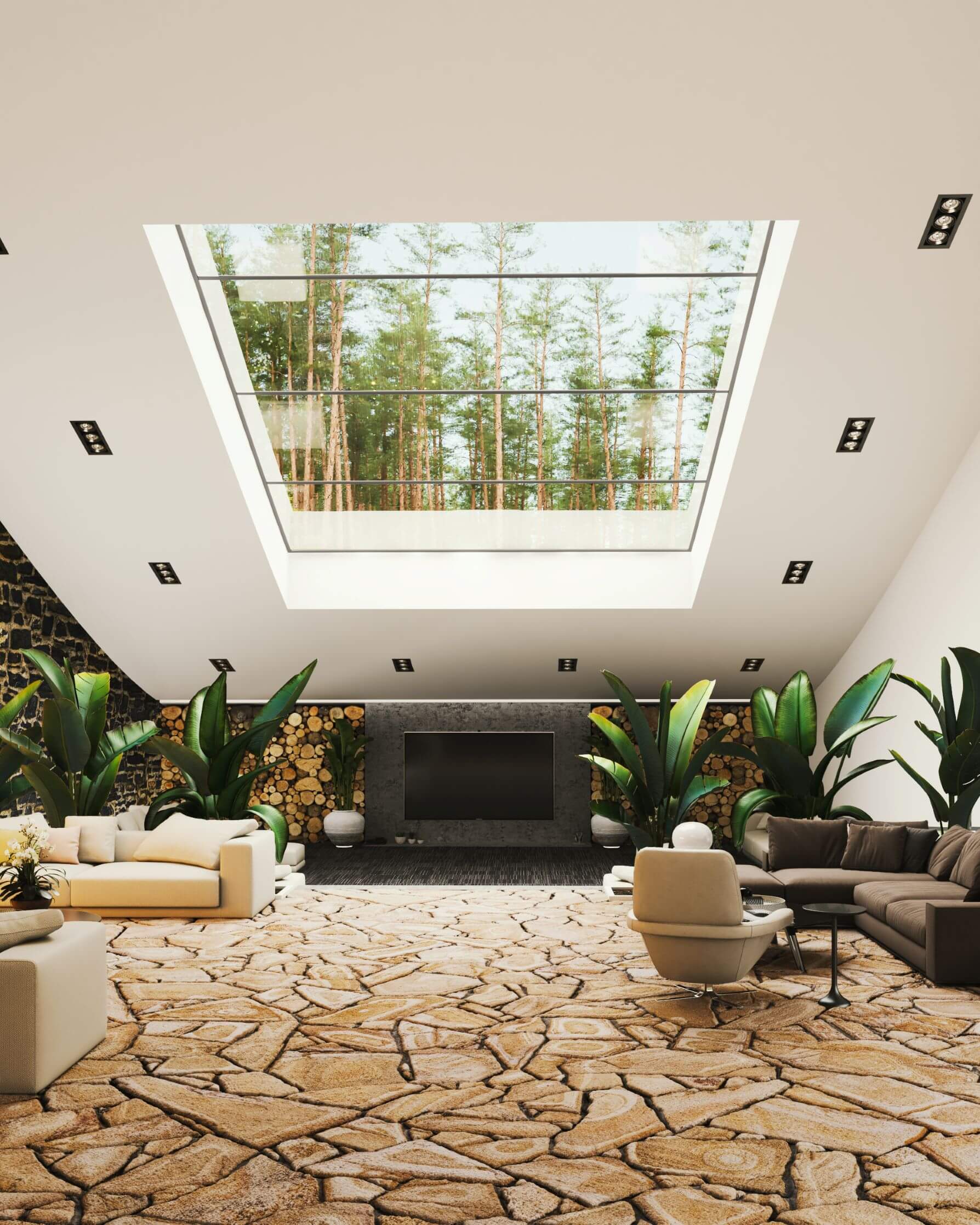 skylight ceiling for a living room with stone floor